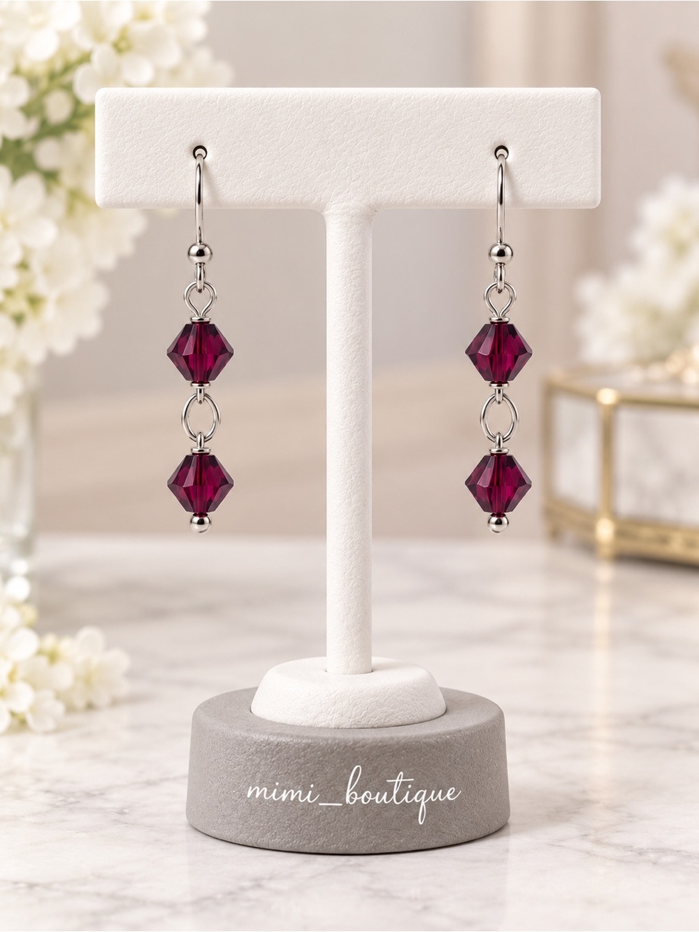 Handmade Swarovski Burgundy Crystal Dangle Earrings Silver Tone Hooks